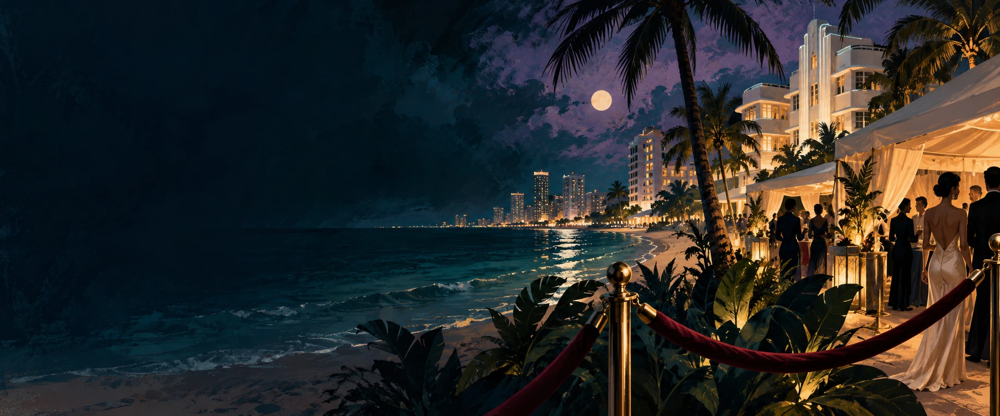 Conceptual editorial illustration of Miami Beach at night, with palms, hotel lights and an event entrance