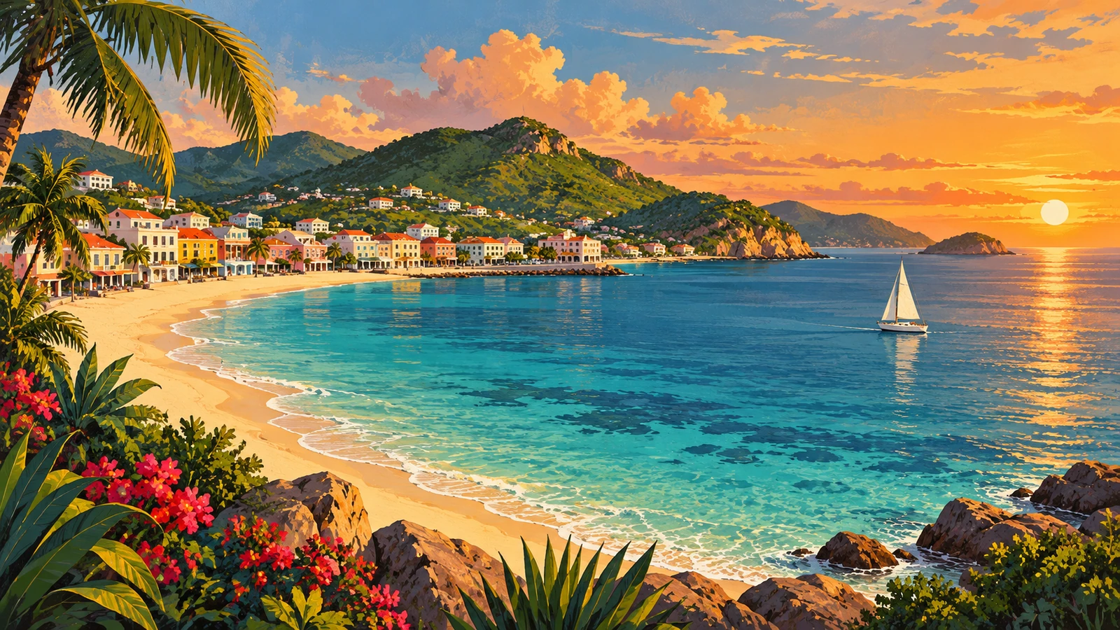 Illustrated Caribbean bay, colorful waterfront buildings and green hills inspired by St. Martin
