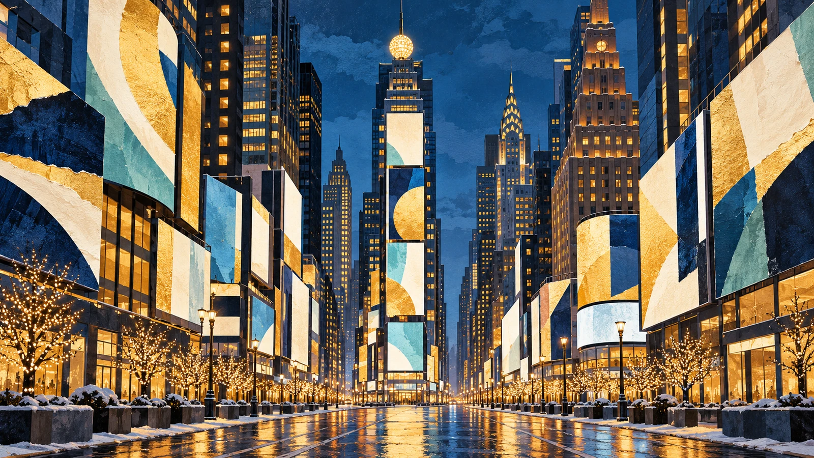 Illustrated Manhattan holiday avenue with glowing abstract billboards and a countdown ball