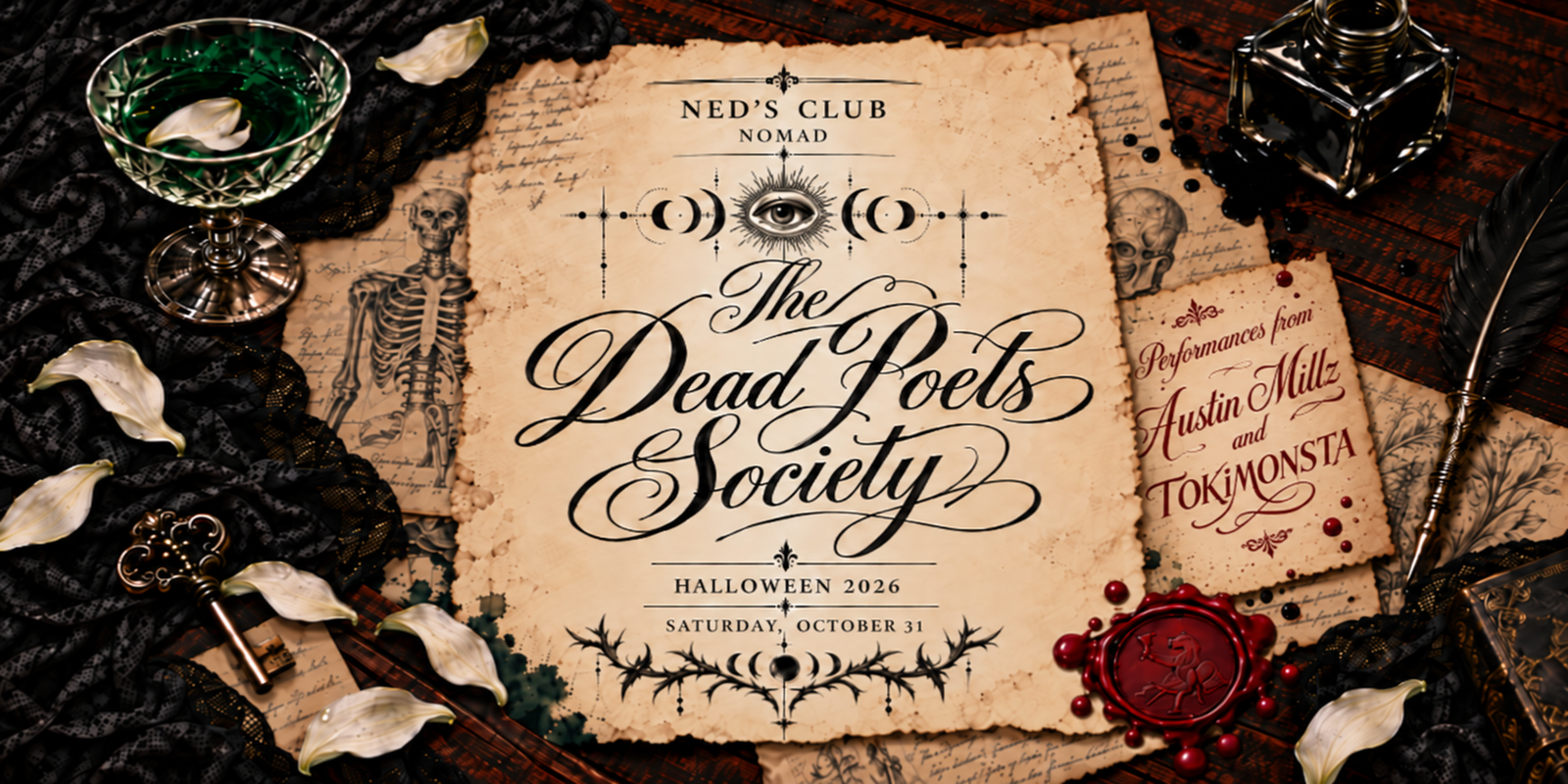 Official Ned’s Club NoMad Dead Poets Society Halloween 2026 artwork naming October 31, Austin Millz and TOKiMONSTA