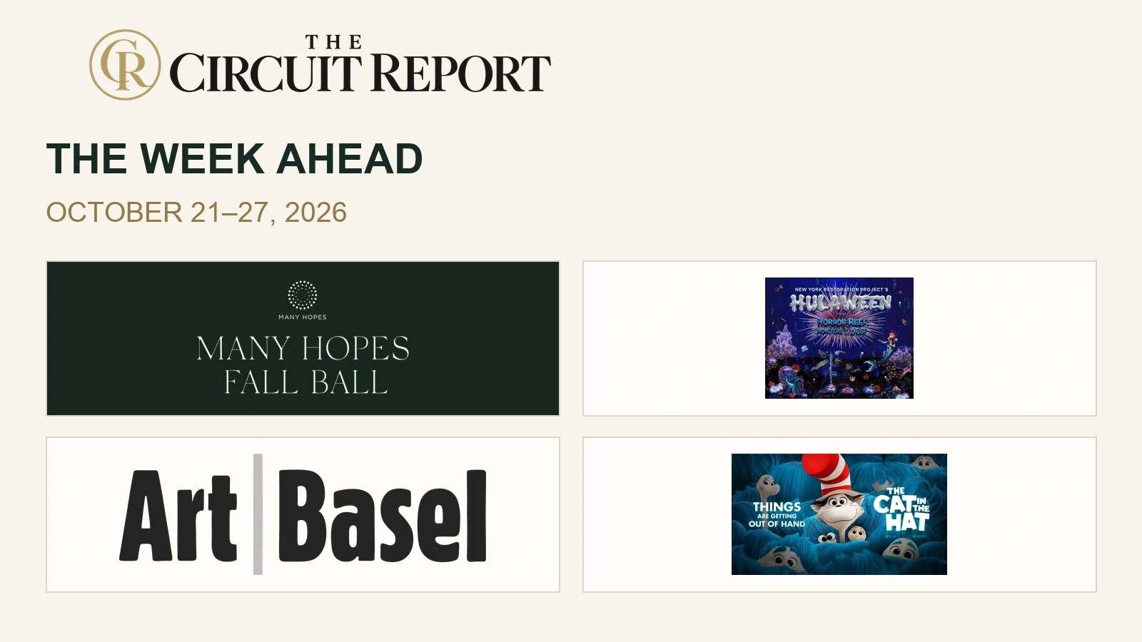 The Week Ahead, October 21–27: official Many Hopes, NYRP Hulaween, Art Basel and Paley artwork in The Circuit Report’s editorial layout