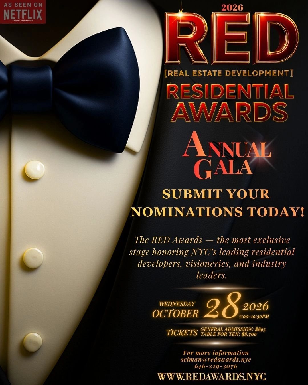 Official 2026 RED Residential Awards annual gala poster for October 28, 7–10:30 p.m.