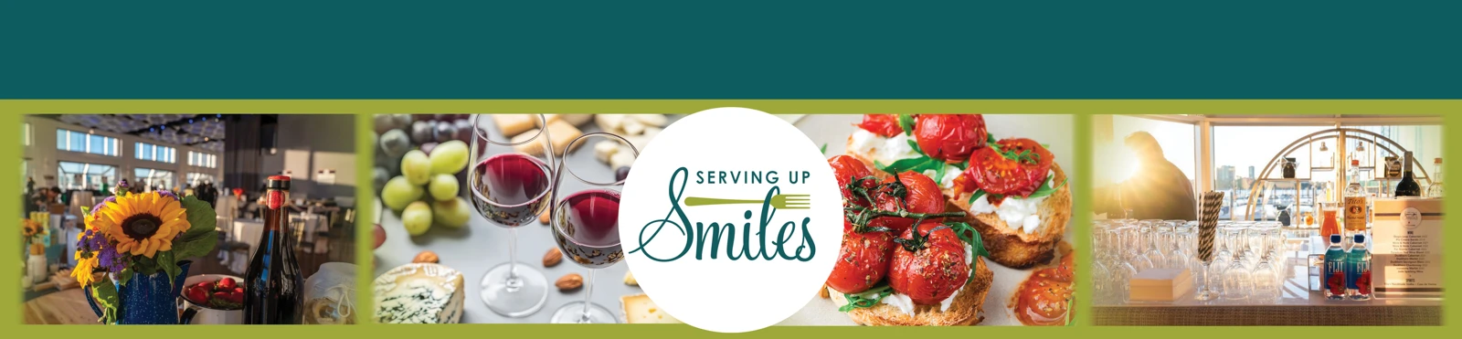 Official Serving Up Smiles artwork with the event identity, tasting dishes and Chelsea Piers setting