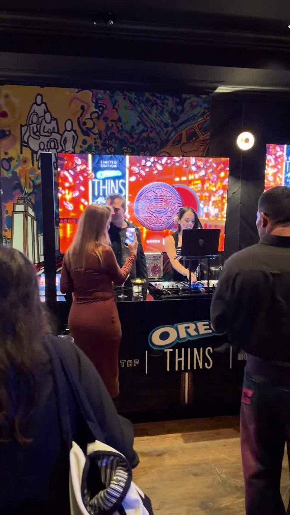 The lounge and branded DJ booth at the October 28 launch. Video still.