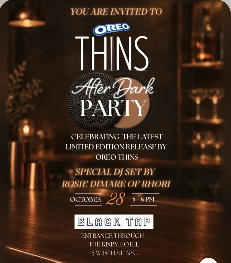 OREO Thins After Dark invitation artwork: October 28, 5–8 p.m., Black Tap at The Kixby Hotel.